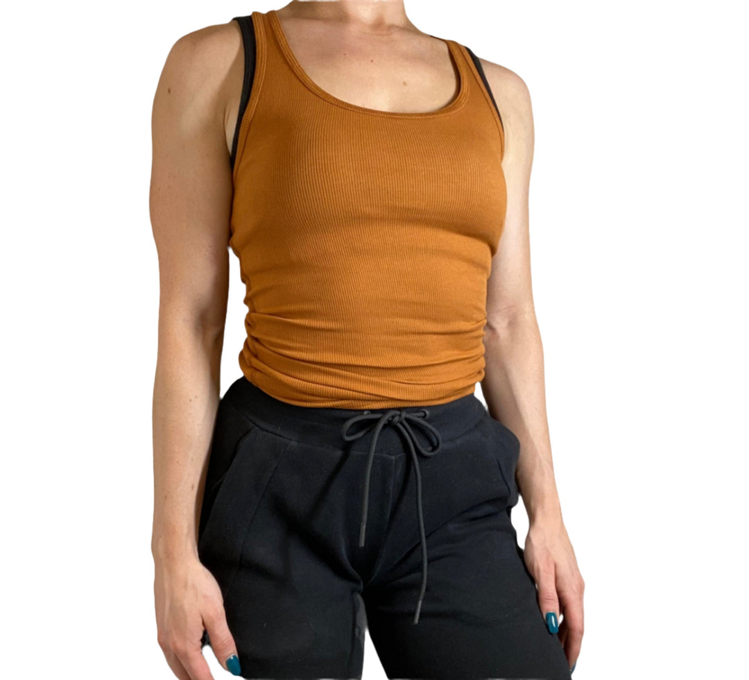 Zenana Racer Ribbed Knit Tank T1159 - Almond - Front View