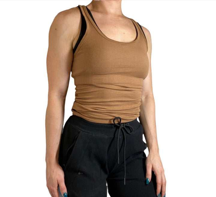 Zenana Racer Ribbed Knit Tank T1159 - Deep Camel - Side View