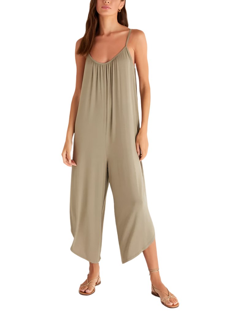 Z Supply Flared Jumpsuit - Smoke Sage - Front View