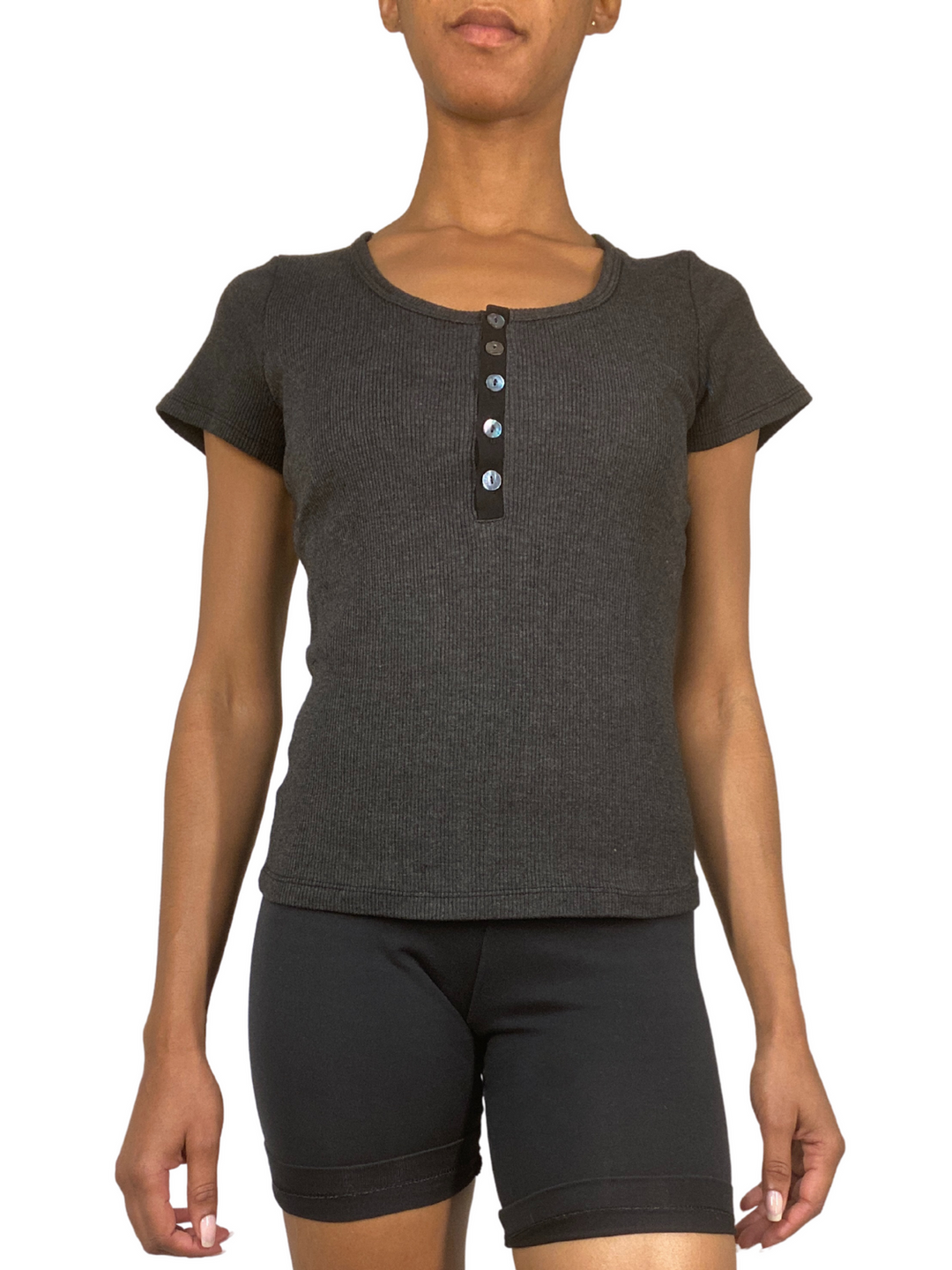 TLA Petite Rib Placket Fitted Tee Shirt