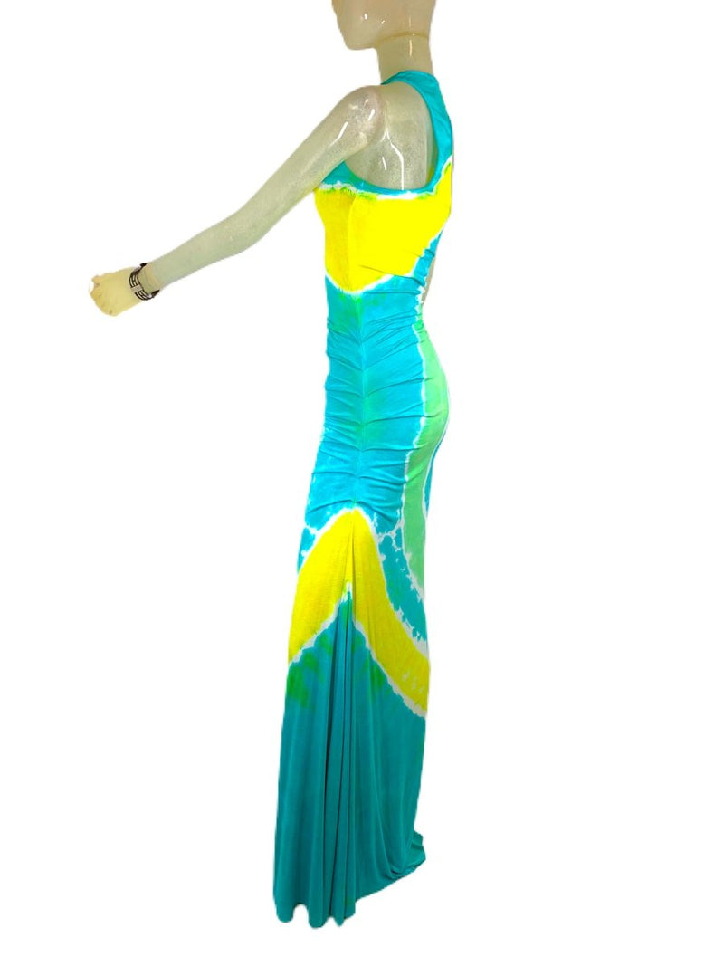 E-Motions Ruched Side Tie Dye Maxi Dress Aqua Yellow TD - side view