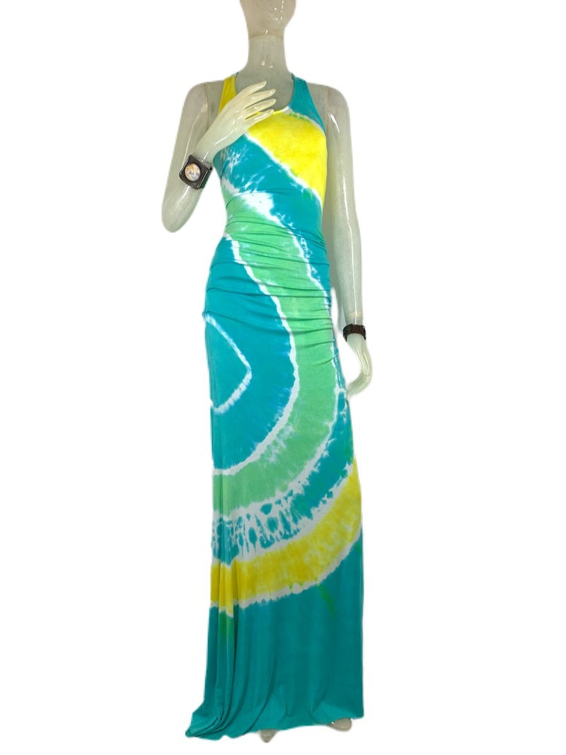 E-Motions Ruched Side Tie Dye Maxi Dress Aqua Yellow TD - front view
