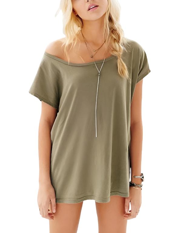 Truly Madly Deeply Off the Shoulder Tee Shirt - Olive  - front view