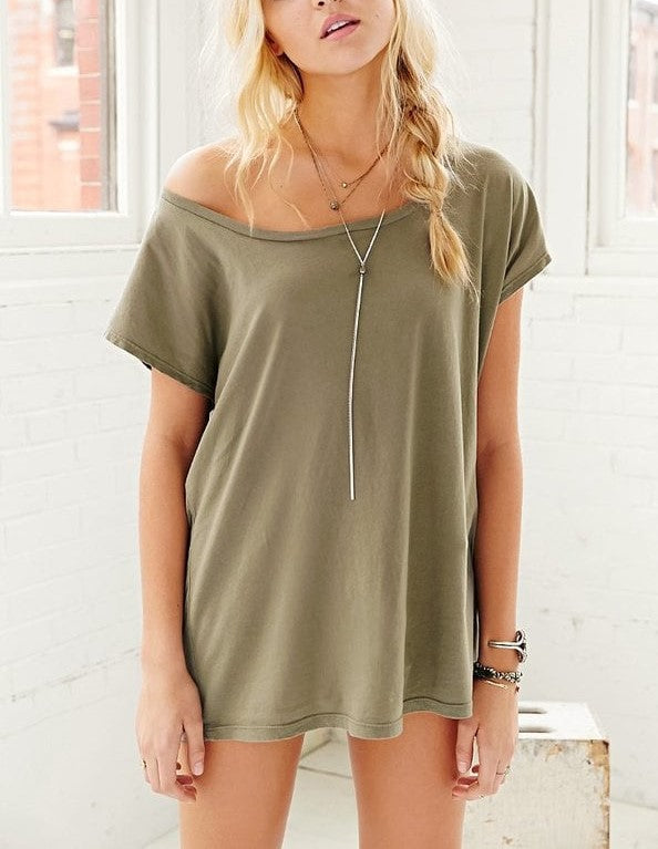 Truly Madly Deeply Off the Shoulder Tee Shirt - Olive  - front view
