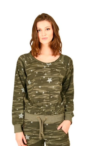 Final Sale! Vintage Havana Camo And Stars Crop Sweatshirt VH7766 - Olive Camo - front view