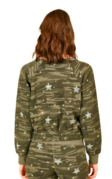 Final Sale! Vintage Havana Camo And Stars Crop Sweatshirt VH7766 - Olive Camo - rear view