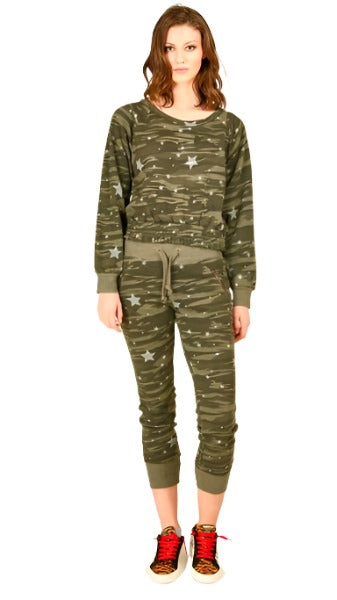 Final Sale! Vintage Havana Camo And Stars Crop Sweatshirt VH7766 - Olive Camo - front alt view