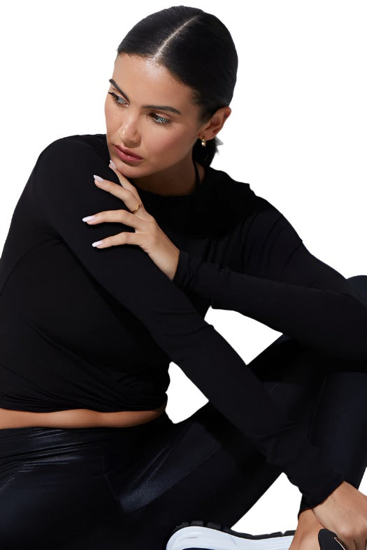 FINAL SALE! Noli Wrap Top Rib - Black - Front Rear View