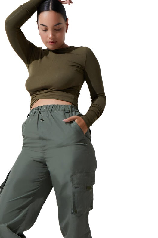 FINAL SALE! Noli Wrap Top Rib - Olive - Front Rear View