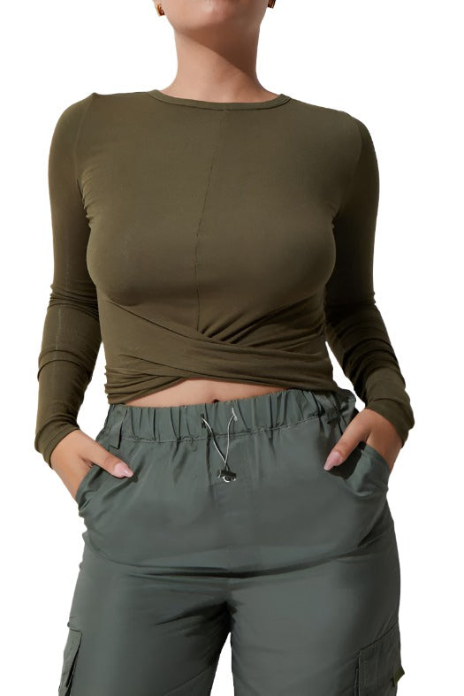 FINAL SALE! Noli Wrap Top Rib - Olive - Front View