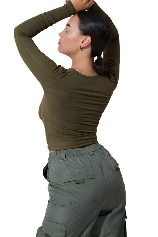 FINAL SALE! Noli Wrap Top Rib - Olive - Back Side View
