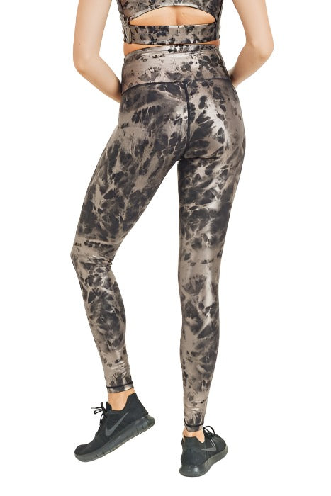 Mono B Metallic Foil Printed High-Waist Leggings APH2873 - Black/Copper Foil - rear alt view