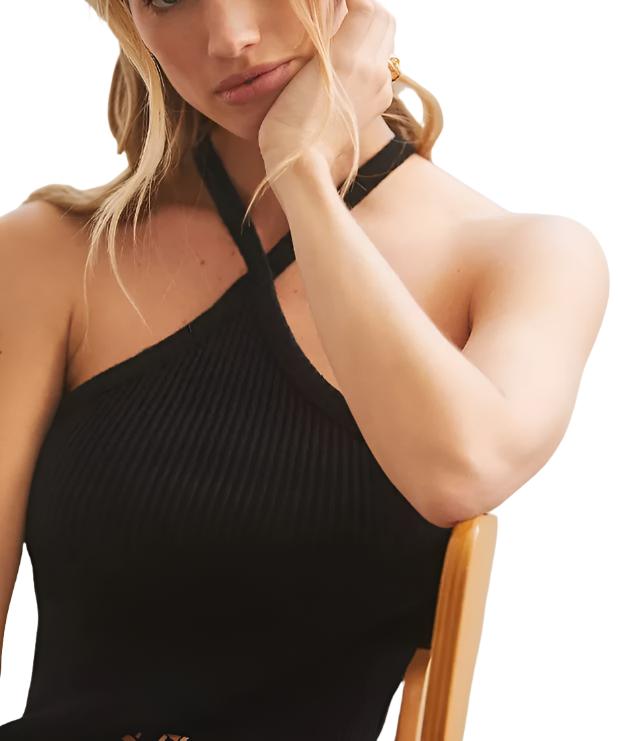 TLA Ribbed Halter Top - Black - Front Rear View