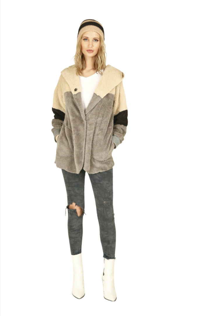 Vintage Havana/Ocean Fuzzy Wrap Sweater CC7874 - camel -  front alt view 1