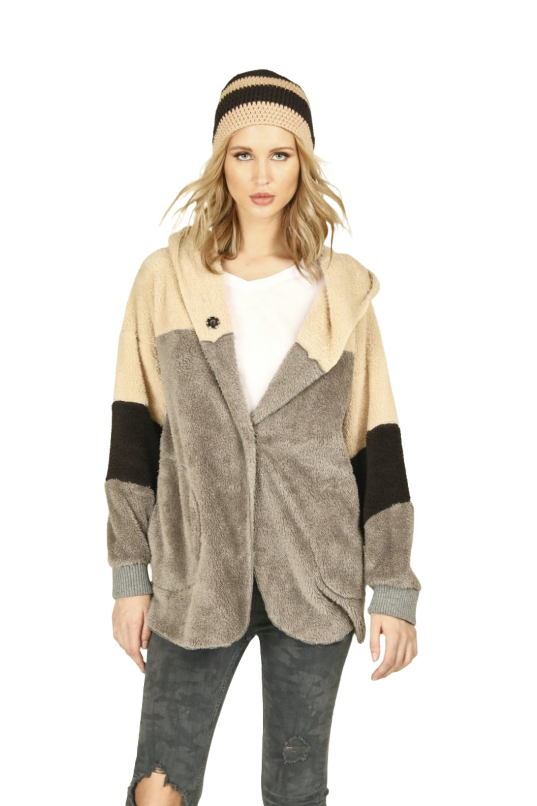 Vintage Havana/Ocean Fuzzy Wrap Sweater CC7874 - camel - front view