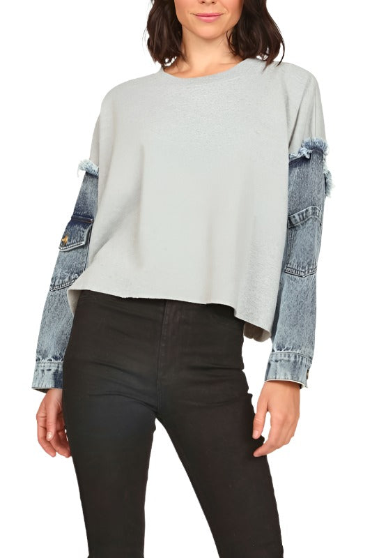 Vintage Havana Fleece with Denim Tencel Combo Crewneck CC9910 - Heather Grey - Front View