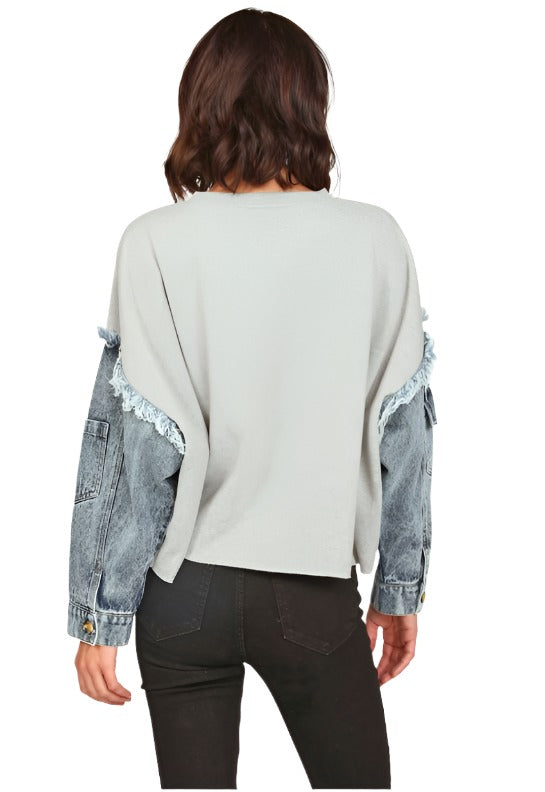 Vintage Havana Fleece with Denim Tencel Combo Crewneck CC9910 - Heather Grey - Back View