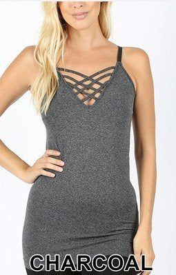 Zenana Lattice Front Adjustable Strap Cami NT6651 - Charcoal  - front view