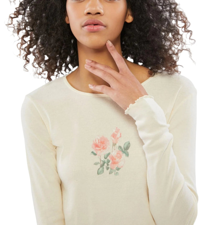 TMD Ivory Floral Long Sleeve Crop - Ivory - front view