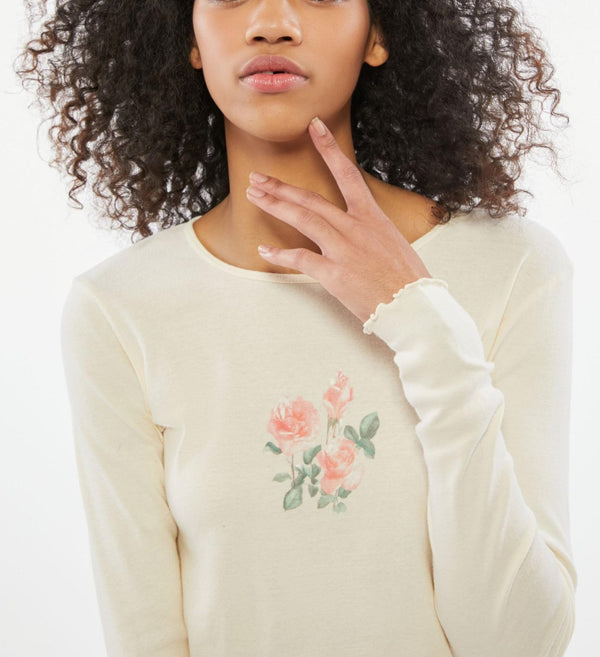 TMD Ivory Floral Long Sleeve Crop - Ivory - front view