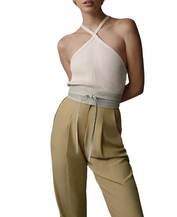 TLA Ribbed Halter Top - Ivory - Front View