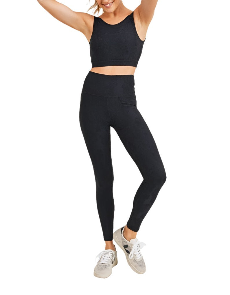 Mono B Textured Hibiscus Jacquard TACTEL Leggings APH8080 - Black - Front View