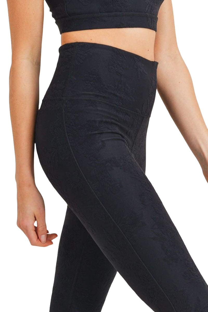 Mono B Textured Hibiscus Jacquard TACTEL Leggings APH8080 - Black - Side Rear View