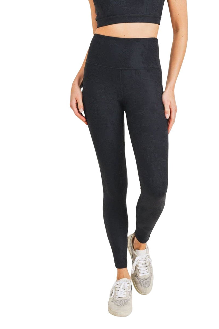 Mono B Textured Hibiscus Jacquard TACTEL Leggings APH8080 - Black - Front View