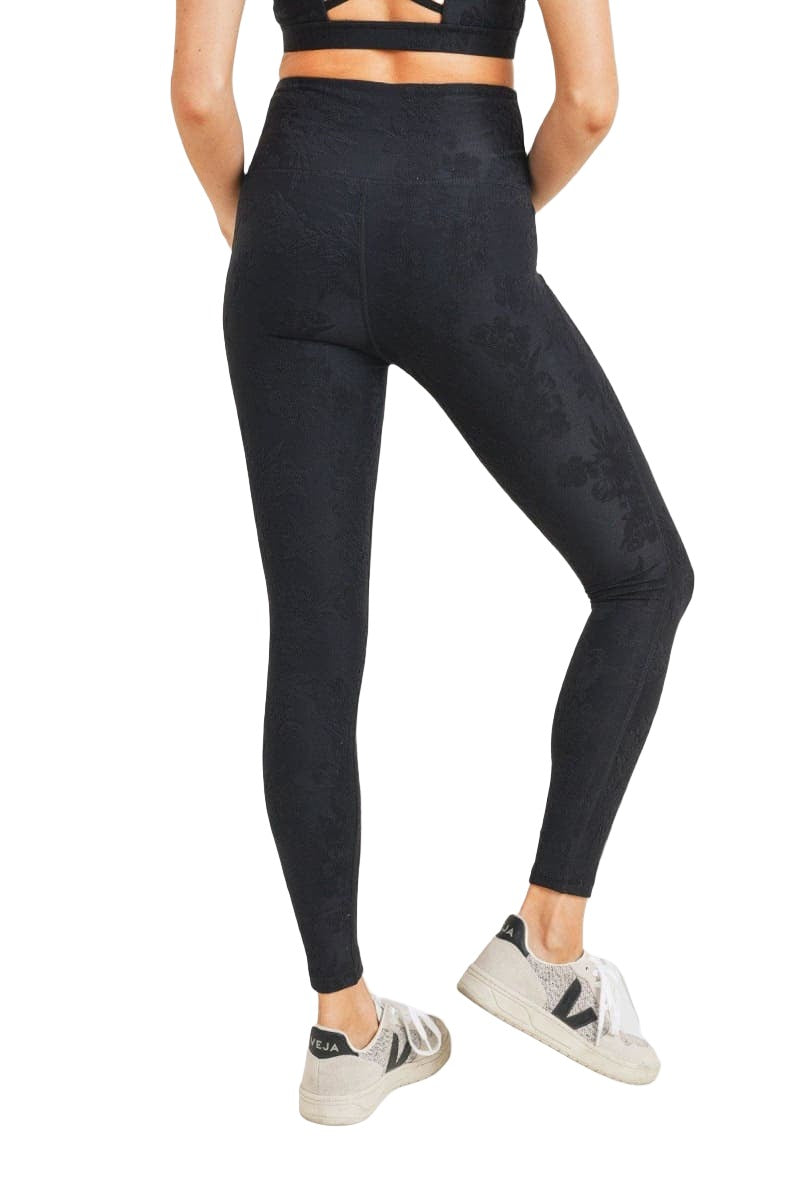 Mono B Textured Hibiscus Jacquard TACTEL Leggings APH8080 - Black - Back View