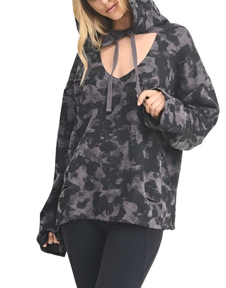 Mono B Camo Print Laser Distressed Hoodie KT10821 - front alt view