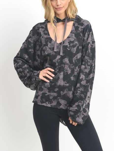 Mono B Camo Print Laser Distressed Hoodie KT10821 - front  view