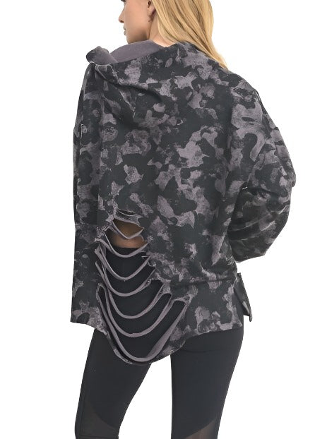 Mono B Camo Print Laser Distressed Hoodie KT10821 - rear alt  view