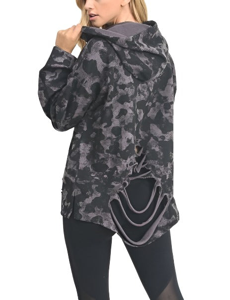 Mono B Camo Print Laser Distressed Hoodie KT10821 - rear view