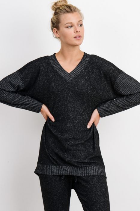 Mono B V Neck Hacci Sweater KT11253 - Black - front view