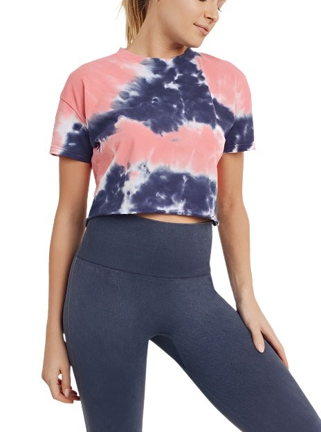 Mono B Tie Dye Cropped Tee KT11385 - Peach/Navy  -  front alt view