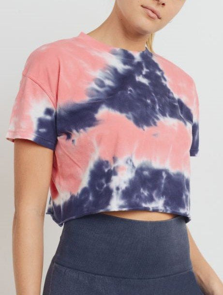 Mono B Tie Dye Cropped Tee KT11385 - Peach/Navy  -  front view