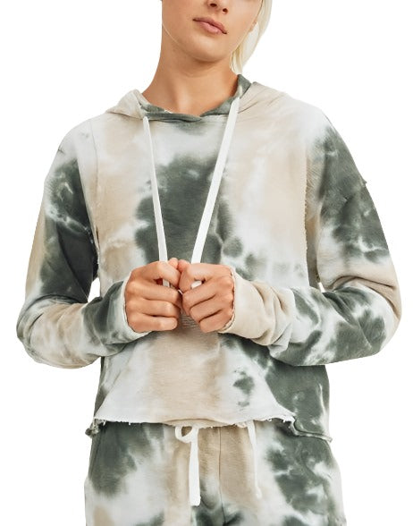 Mono B Tie Dye Jacquard Cropped Hoodie KT11687 -  Pastel Tie Dye -  front view