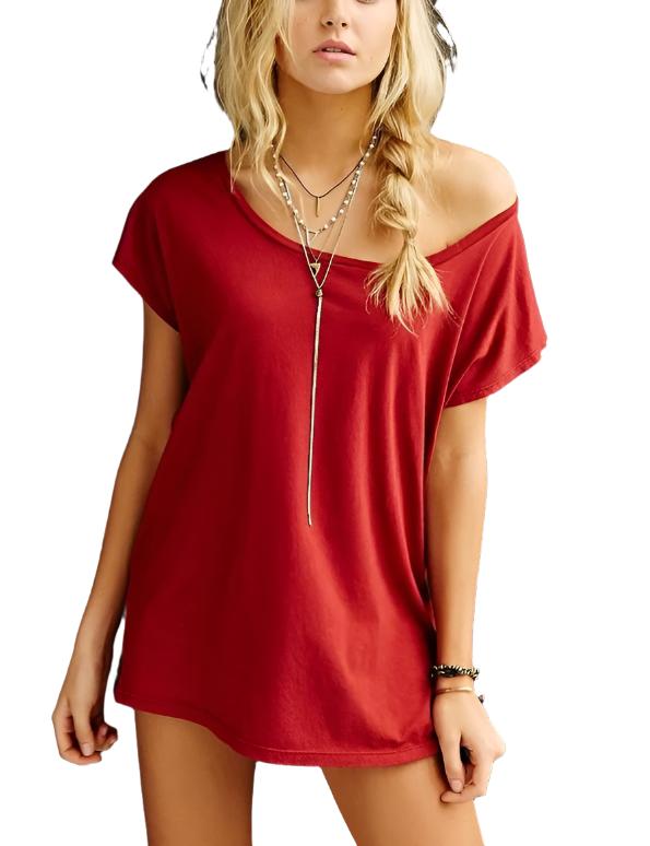 Truly Madly Deeply Off the Shoulder Tee Shirt - burgundy  - front view