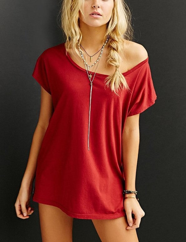 Truly Madly Deeply Off the Shoulder Tee Shirt - burgundy  - front view