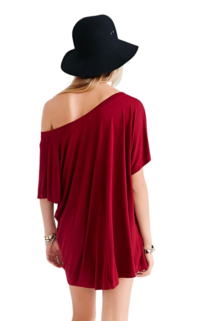 Truly Madly Deeply Off the Shoulder Tee Shirt - burgundy  - rear view