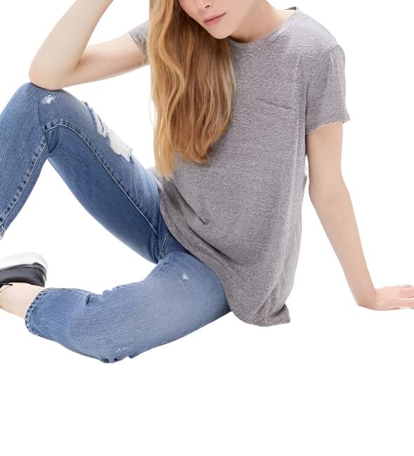 TMD Round-Neck Pocket Tee - Heather Grey - Sitting View