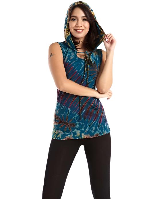 Kathmandu Tie Dye Hooded Tank - Teal - Front View