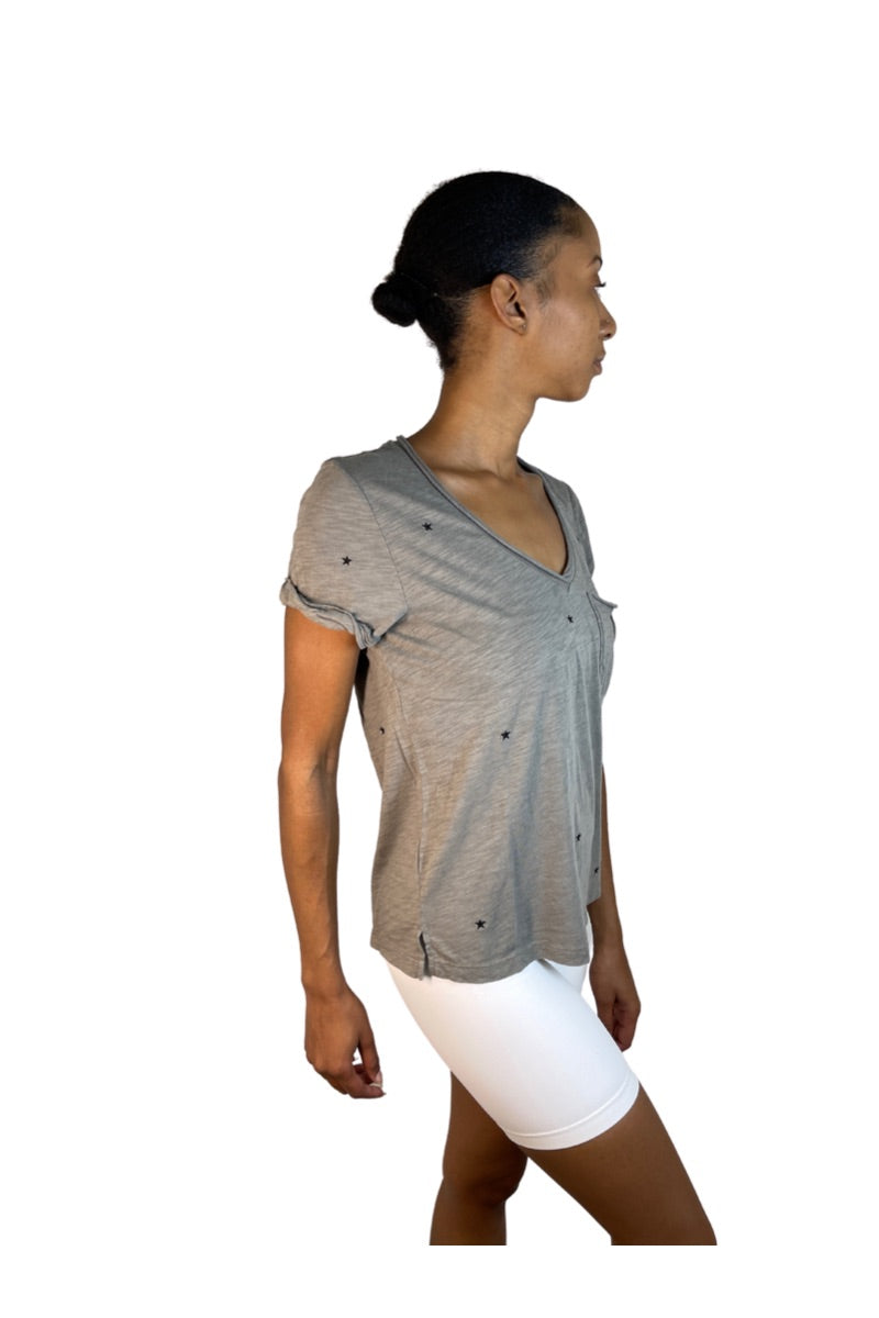 TLA Petite V-Neck Tee Shirt Stars with Pocket