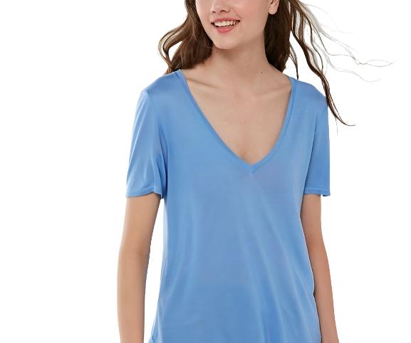 Truly Madly Deeply Deep V Tee Shirt - Dusty Blue  - front view
