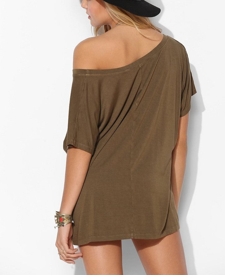 Truly Madly Deeply Off the Shoulder Tee Shirt - Dark Olive  - rear view