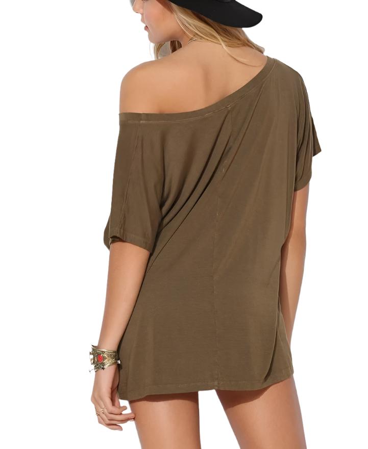 Truly Madly Deeply Off the Shoulder Tee Shirt - Dark Olive  - rear view