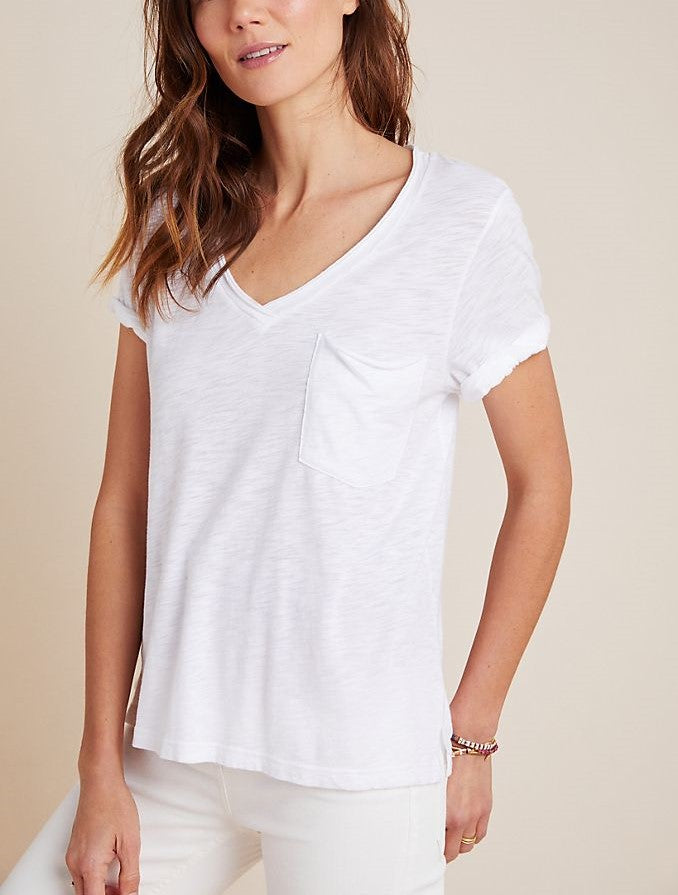 TLA V-Neck Tee Shirt with Pocket - white - front view